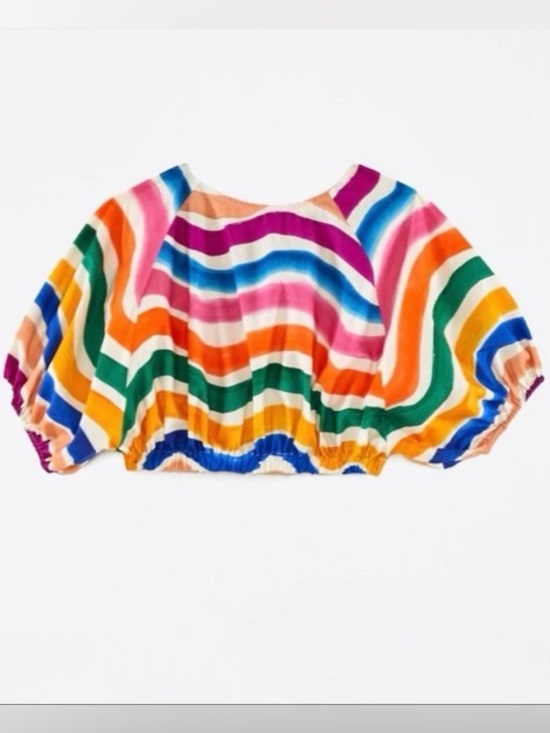FARM Rio Tops - Farm Rio Dancing Stripes Crop Puff Sleeve 100% Cotton Blouse Multicolored
